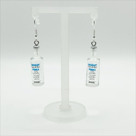 Novelty Earrings Vodka Bottle Absolut Silver Color Ear-wire - Picture 1 of 3